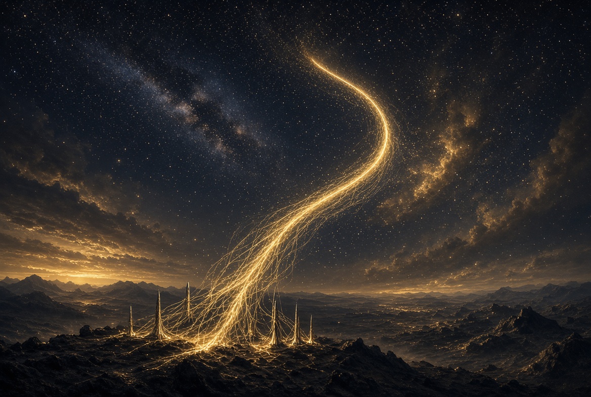 Gold neural rocket-path rising into a starfield · rockets as nerves · Channels of the Answer