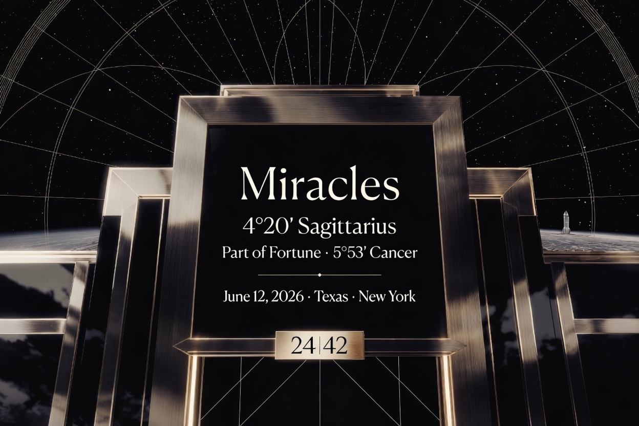 Miracles, futuristic Art Deco seal · 4°20′ Sagittarius · Part of Fortune 5°53′ Cancer · June 12, 2026 · Texas · New York · 24|42