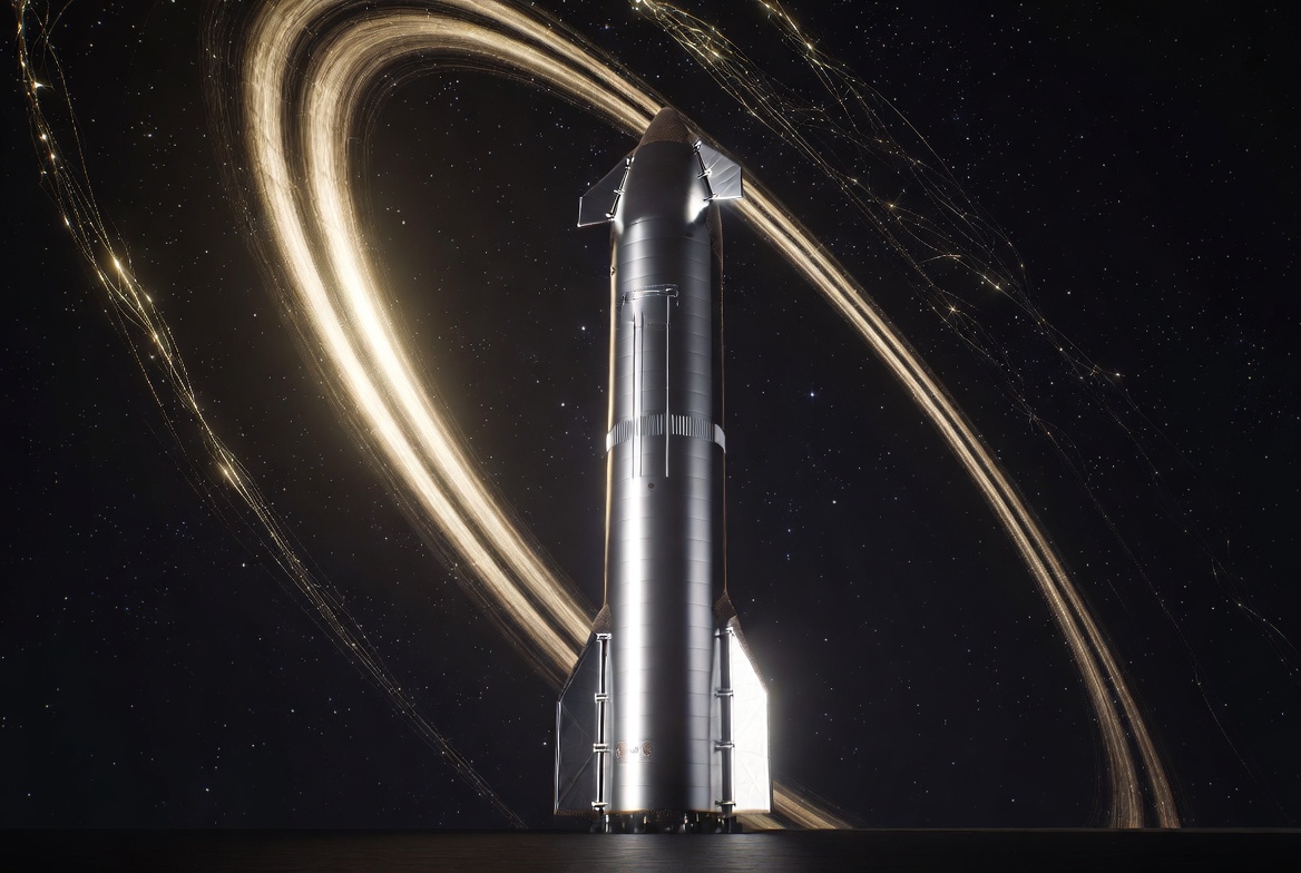 Starship on night pad under gold orbital rings, multiplanetary hardware