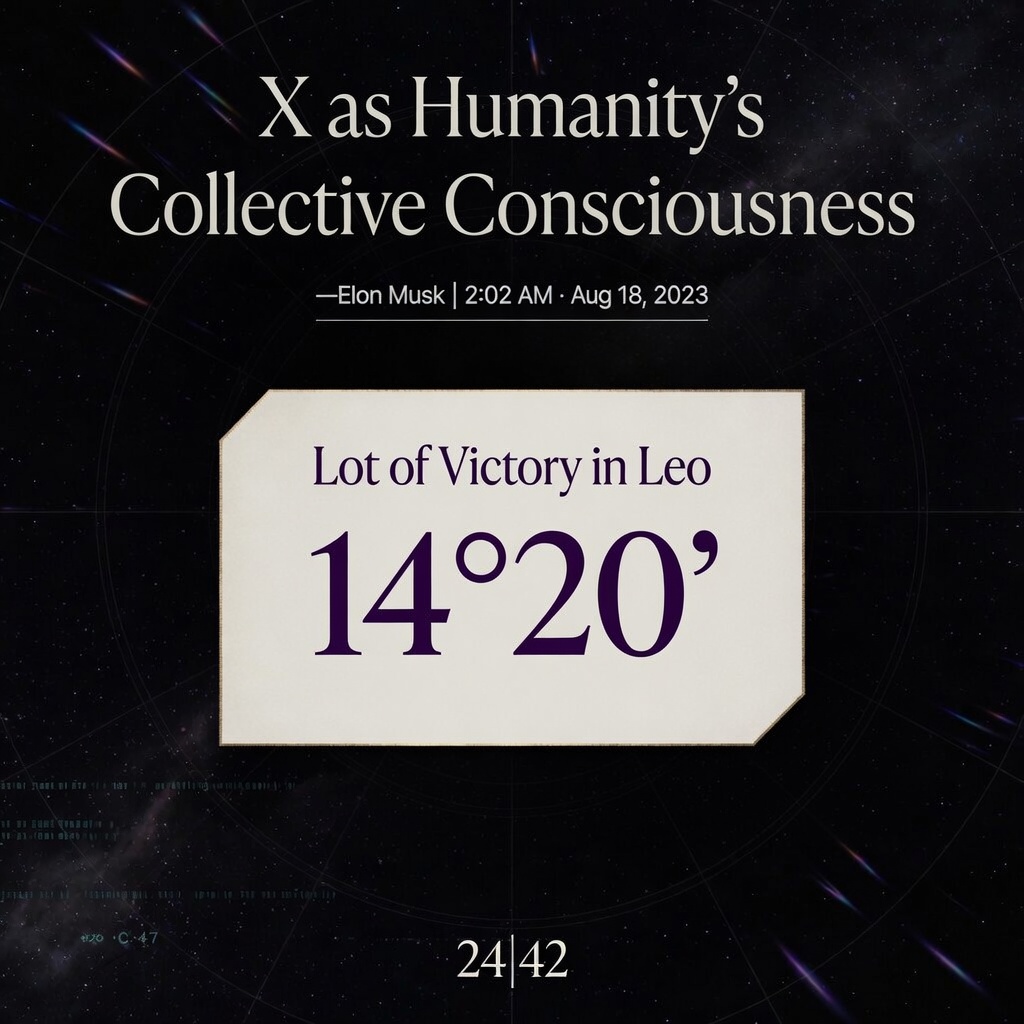 X as Humanity’s Collective Consciousness · Lot of Victory in Leo 14°20′ · Elon Musk · Aug 18, 2023 · 2:02 AM · 24|42