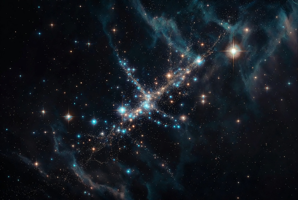 Painterly Butterfly Cluster · Aculeus, teal and gold needle of light in deep night, full frame