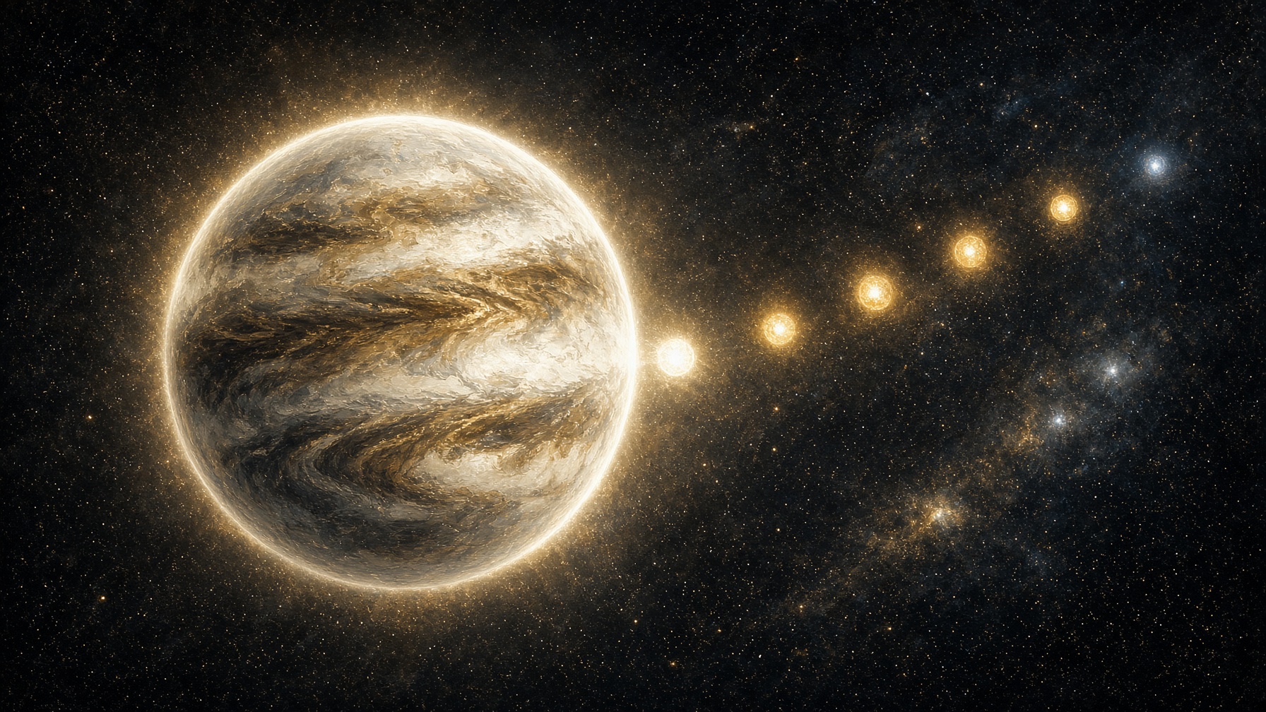 Painterly night. A large white A-star mottled with dusky chromium continents and pale rare-earth patches, sitting at the join of the Dipper bowl and handle. Cooler gold-ivory family lamps recede along the curve. Fine constellation dust. No labels.