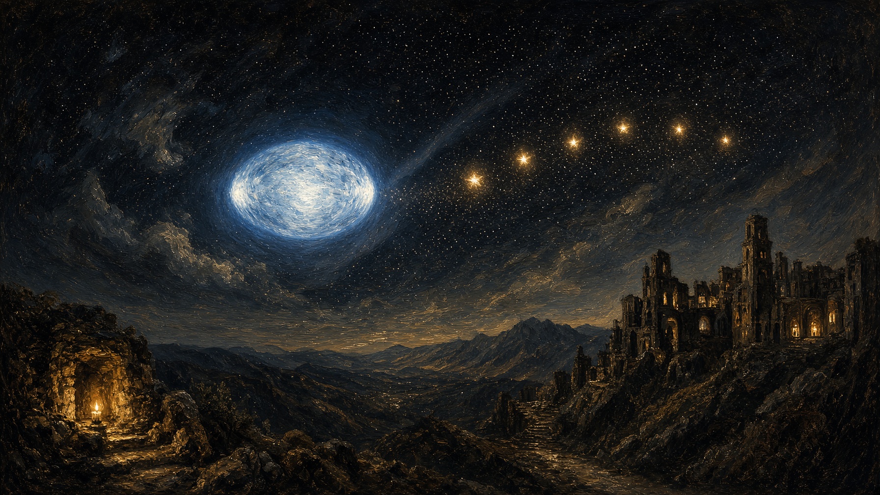 Painterly night. The Dipper handle as a wagon of cooler gold-ivory lamps, and at the near tip a larger oblate blue-white sun, slightly offset, leaving. Fine constellation dust. No labels.