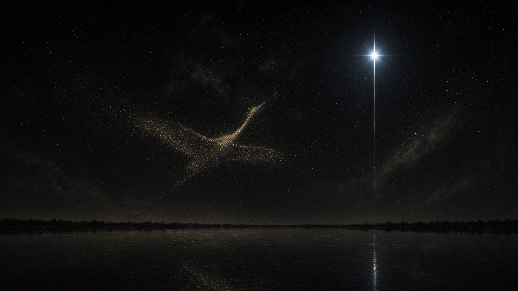 Painterly southern night. One blue-white first-magnitude lamp over a dark lagoon. A faint gold-dust crane in flight. One star, not a pair. No labels.