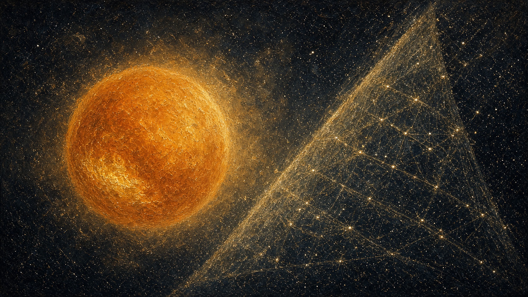 Painterly night. A large swollen orange-amber K-supergiant at left, slow wind of gold dust, and to the right a triangular sail of faint constellation lamps. Southern sky. No hull, no water, no labels.