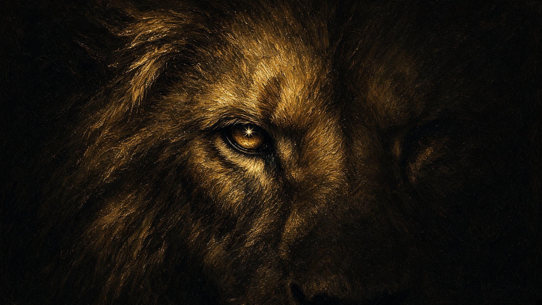 A gold glance in an open lion jaw. One lamp. Mythopoesis, not a sky map.