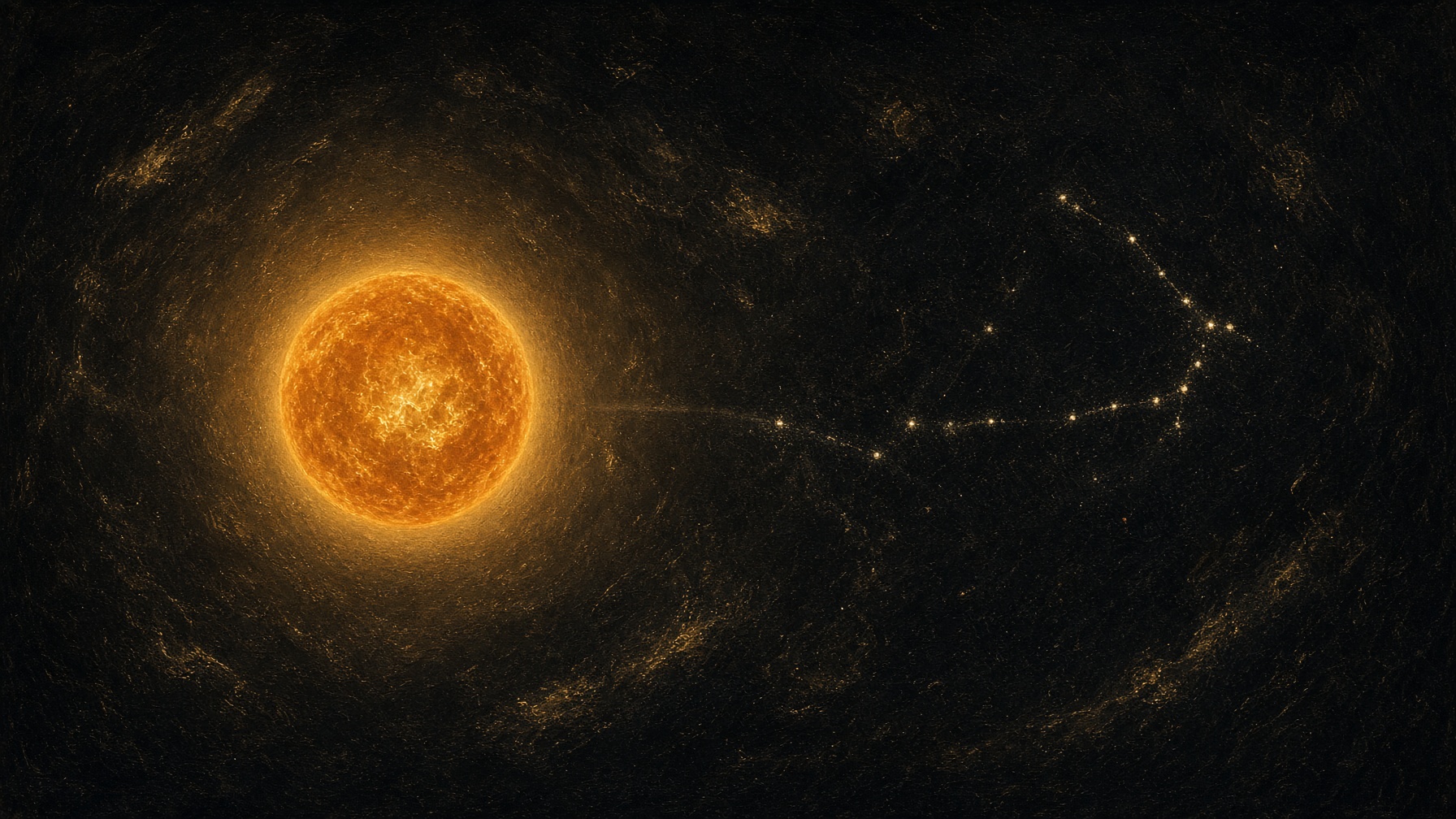 Painterly night. One orange-amber giant lamp, a barely visible faint speck to the side, Ursa Major dust. No nested ovals. No gazelle drawing. No labels.
