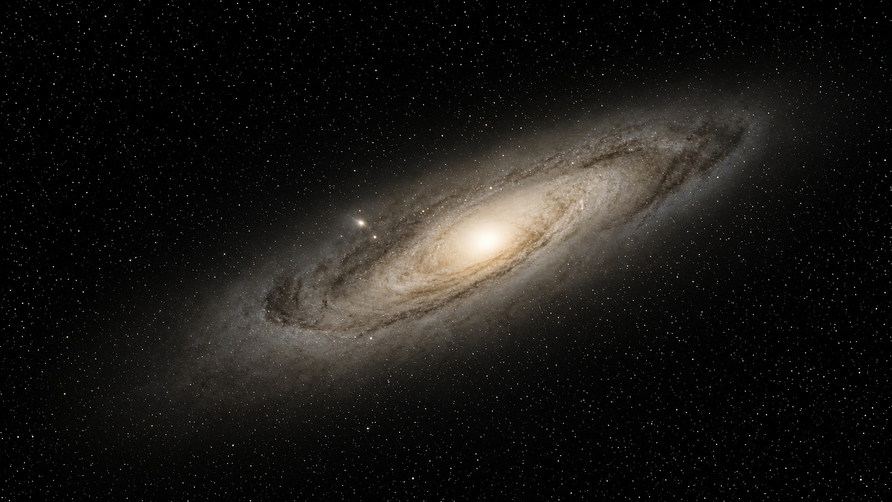 Andromeda Galaxy, tilted spiral on a black night, pale gold core, dust lanes, a trillion suns as fine grain. The neighbor as itself. No labels.