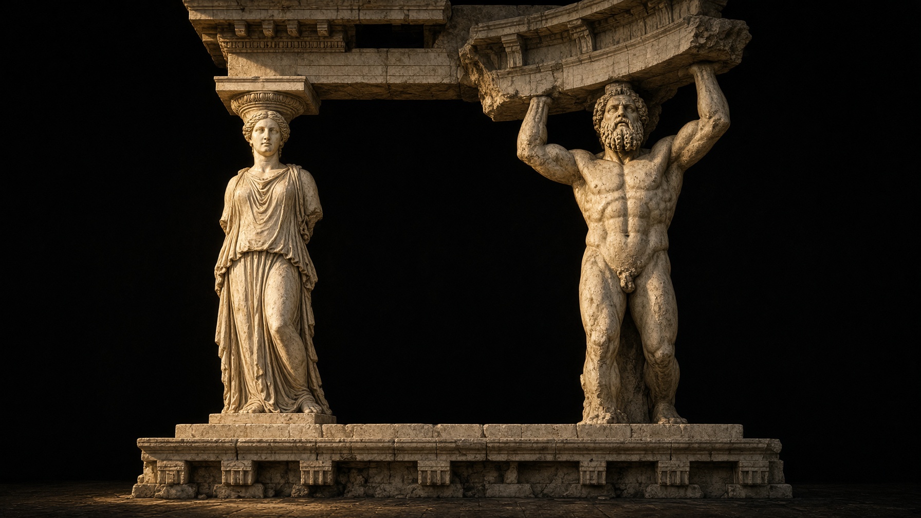Fifth-century marble. A caryatid of the Erechtheion type beside an Agrigento telamon. Both hold the entablature. Architecture, not a portrait.