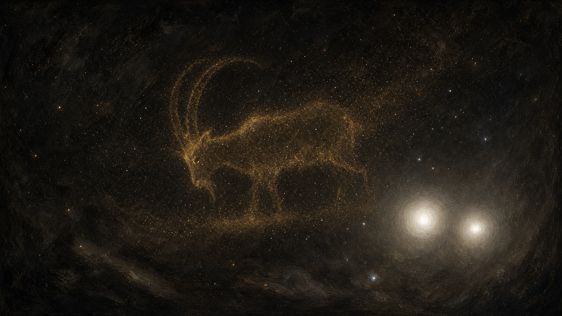 Painterly southern night. A golden sea-goat in dark water. One ivory-gold lamp at the left shoulder, two lights walking as one. No labels.