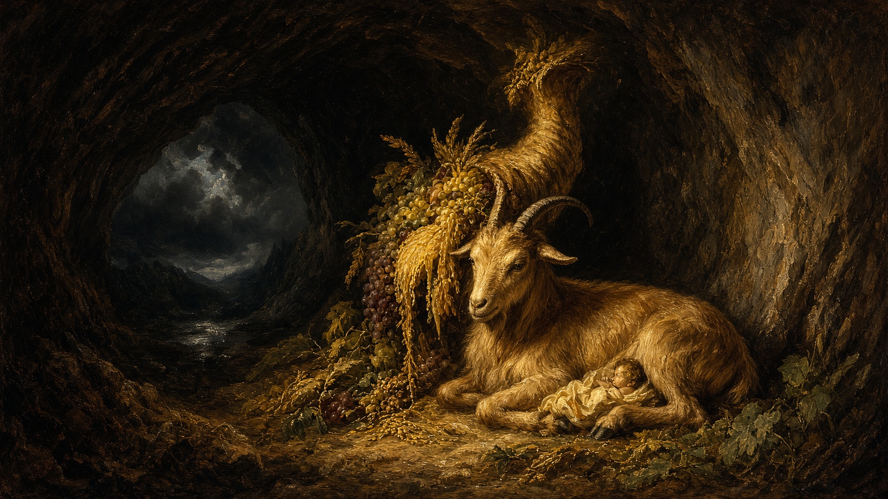 Mythopoesis · not a sky map. Amalthea in the cave. A horn becoming plenty.