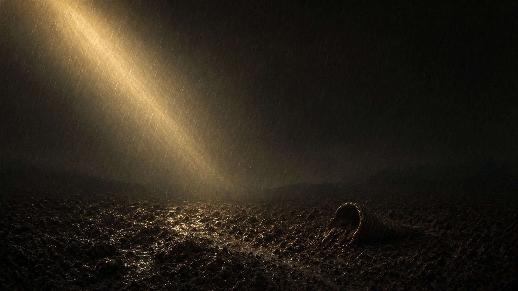 Night rain on dark earth. Gold light in the weather. Mythopoesis, not a sky map.