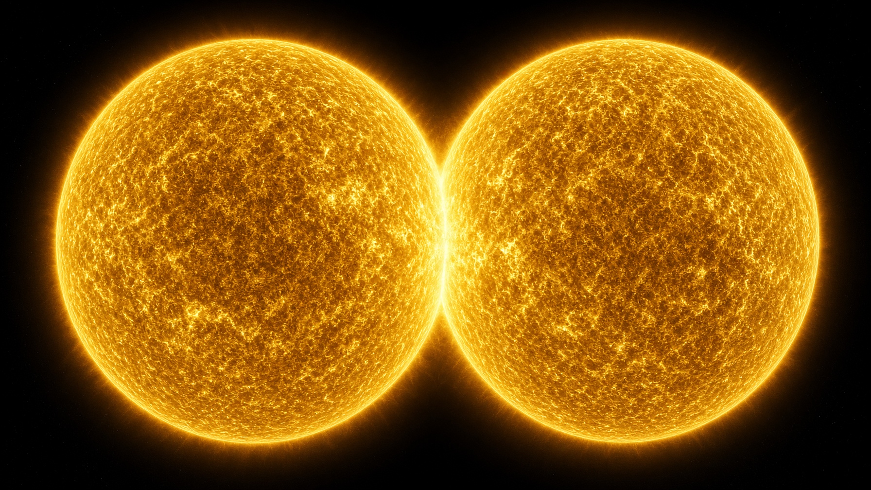 Two golden giant stars filling the frame, nearly equal, sharing a center. One light to the eye. Two suns.