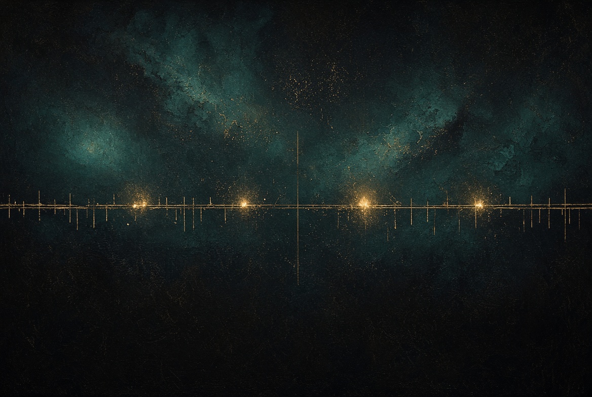 Sparse gold nodes along a dark teal timeline of the night sky