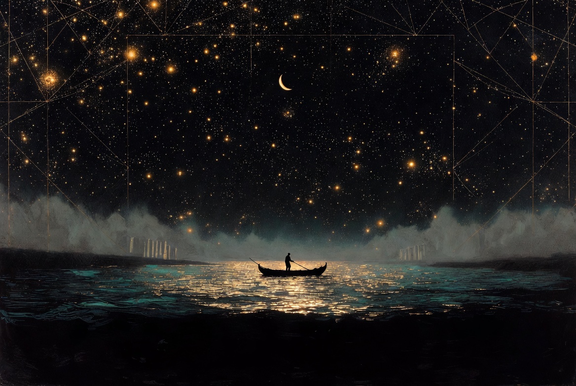 Charon ferryman silhouetted on a night river under a gold-star lattice, painterly Book plate