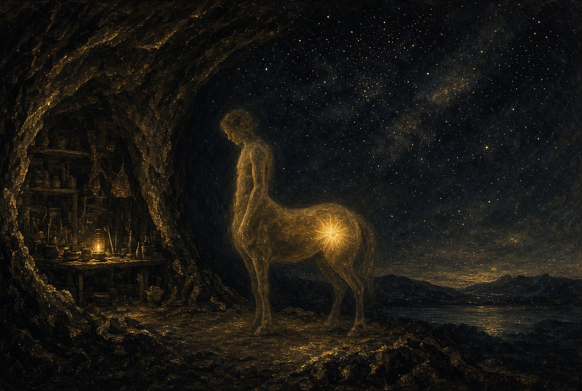 Painterly centaur at a cave workshop under stars, golden wound-light · Chiron’s office
