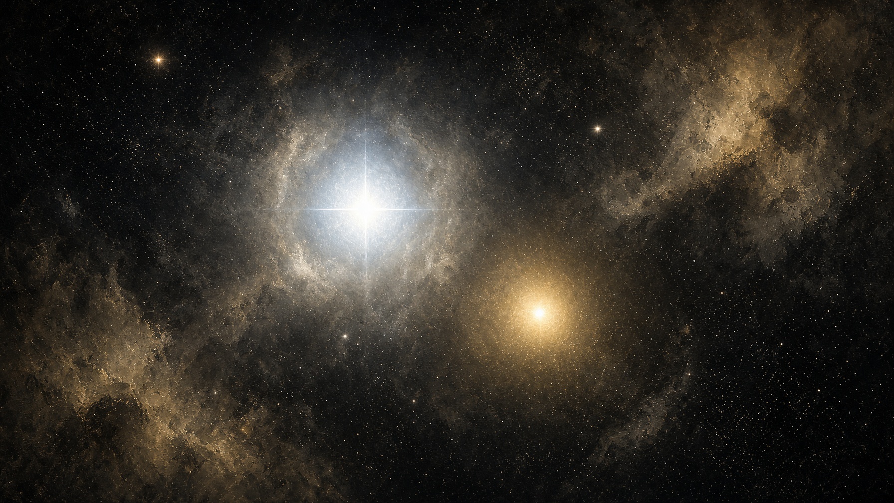 Painterly night. A bright white-blue lamp dominant, a fainter gold-white companion a finger-width away, constellation dust. Canes Venatici. No nest of orbits. No heart drawing. No labels.