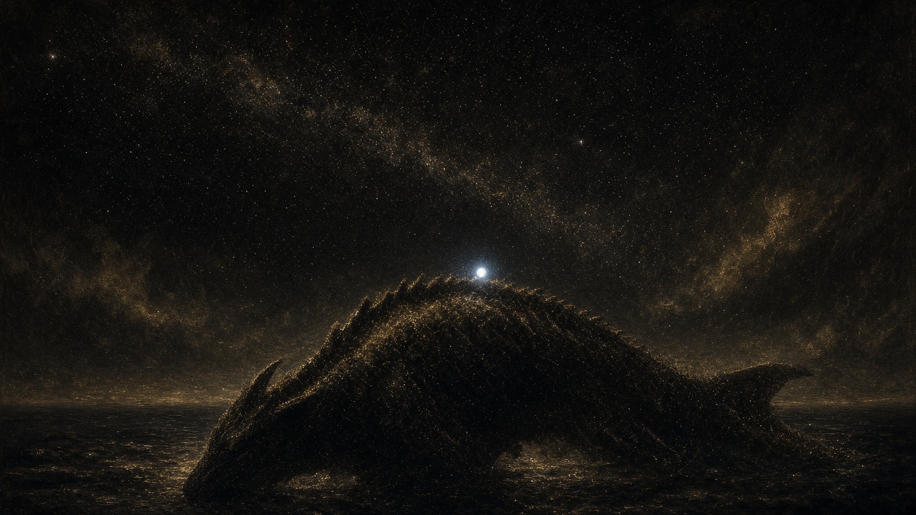 Painterly southern night. One white-blue lamp on the dark ridgeline of a sea-goat’s back. Gold dust on the spine. One star, not a pair the eye can split. No labels.