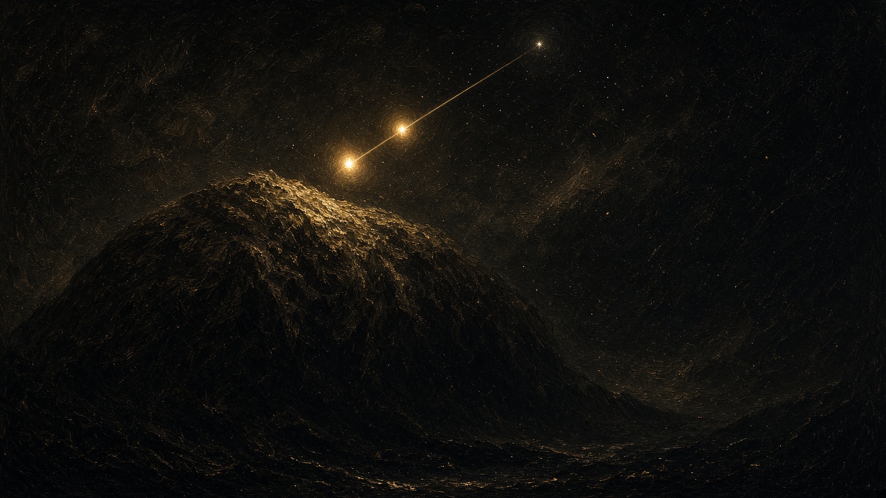 A gold northern lamp over a dark bear ridgeline. One pointer. Mythopoesis, not a sky map.