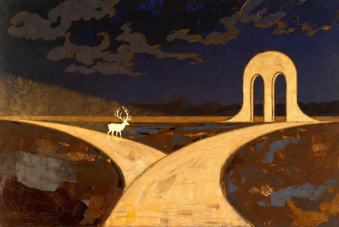 Painterly forked golden roads under night sky, search and triumph arch