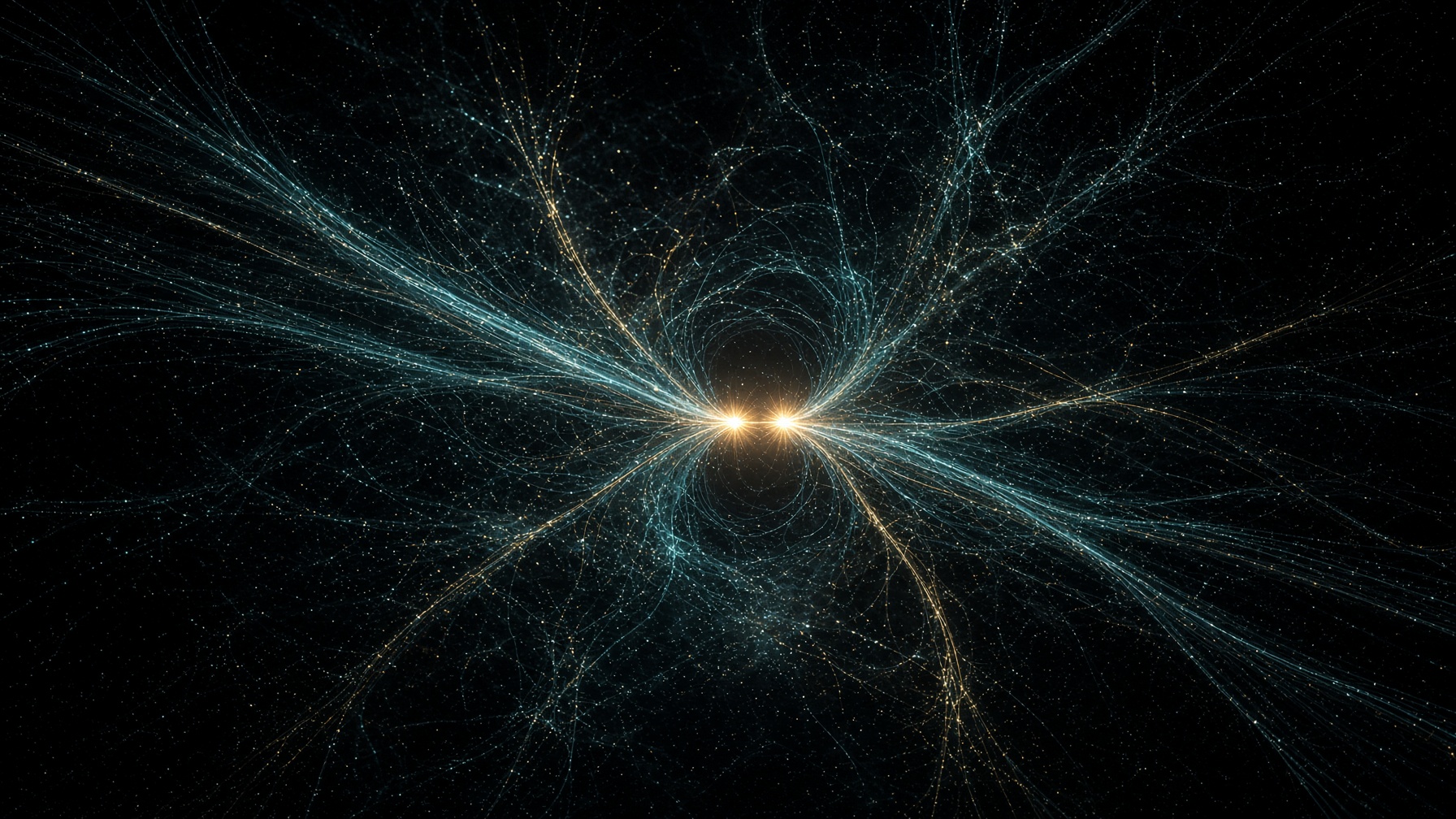 Photoreal scientific visualization: a multiway field of teal filaments densifying toward two gold nodes almost occupying one coordinate