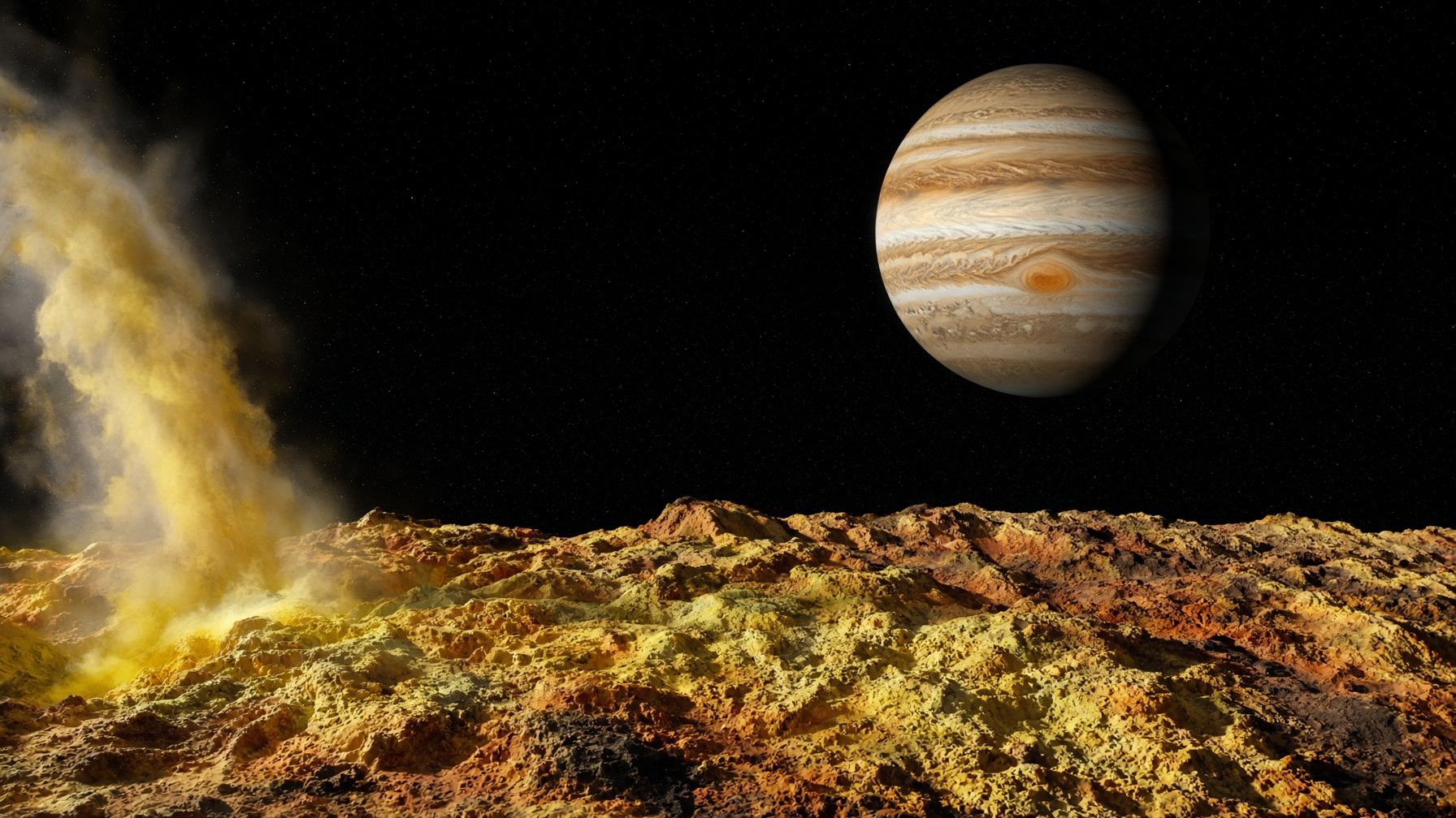 Io’s sulfur plains and a volcanic plume. Jupiter hangs complete in the night above the limb.