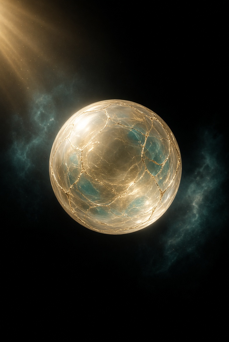 Intact champagne-gold glass orb with soft teal heart and fine gold seams · Isis seal before the scatter