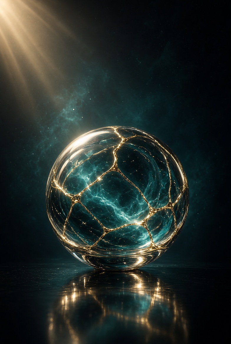 Same glass whole again · teal core mended with bright gold kintsugi · the Restorer’s yoke