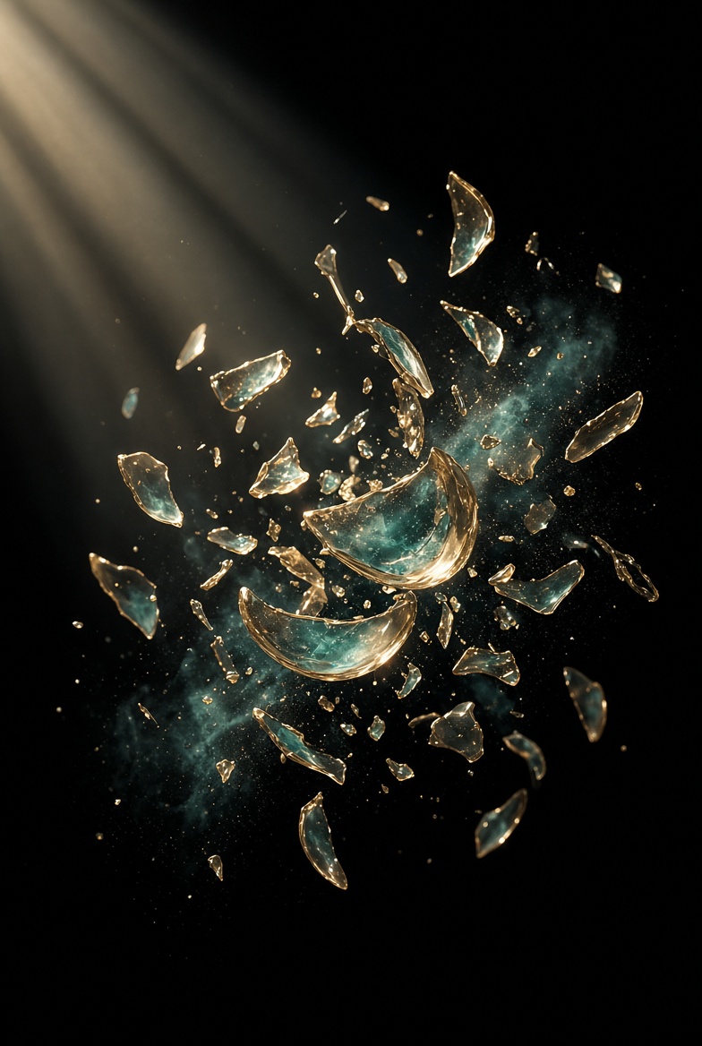 Same gold and teal glass shattered into flying shards · crescent fragments · the search