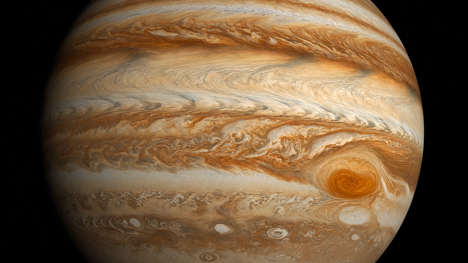 Jupiter as a real world. Cream-amber belts, Great Red Spot, black void.