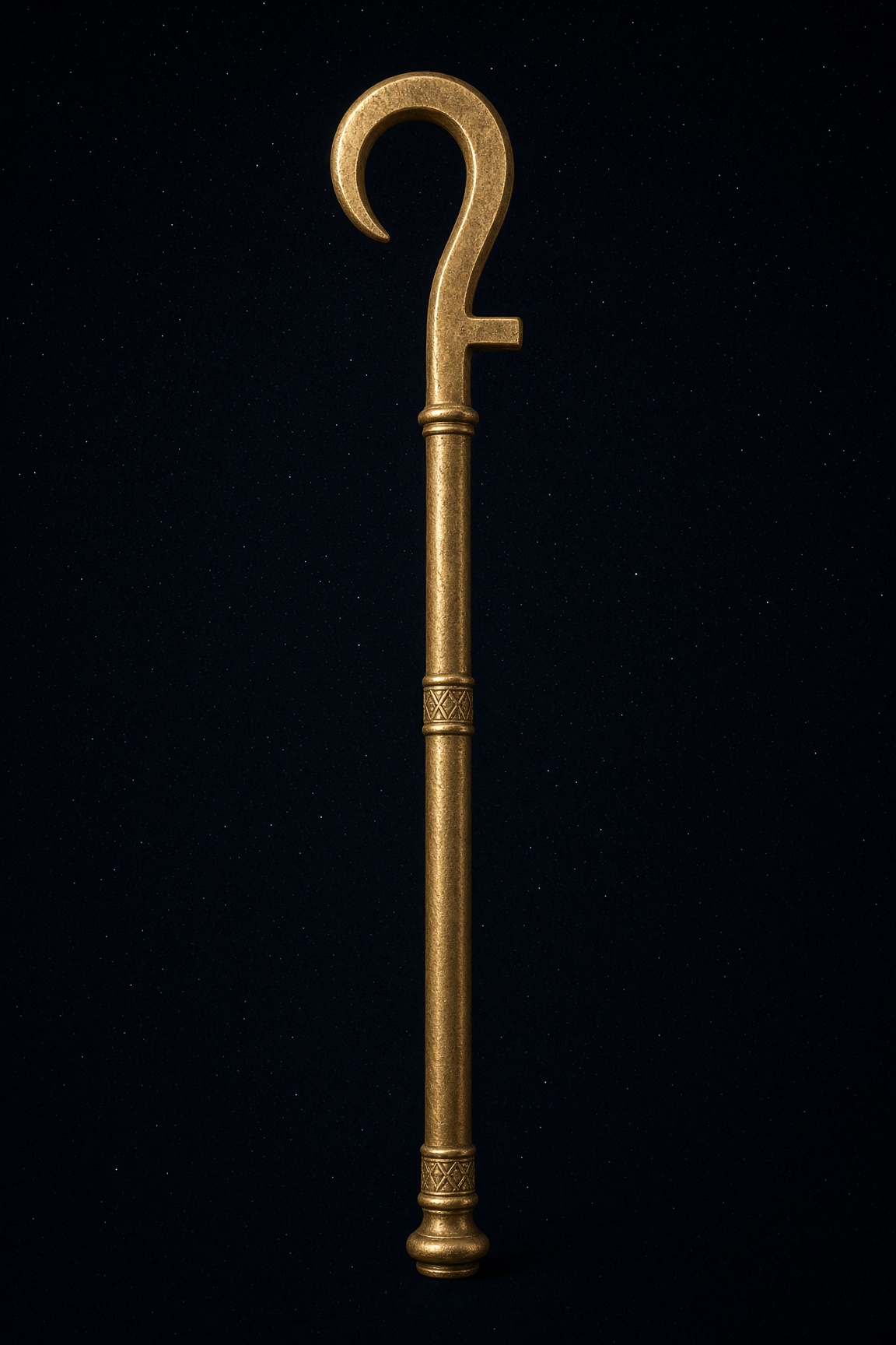 A gold staff in night air. The head is the Jupiter glyph: crook, crossbar, shaft.