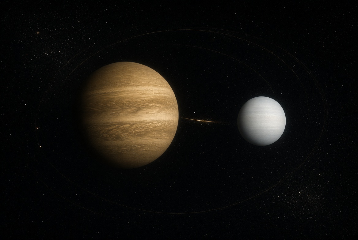Jupiter-class gold gas giant and Uranus-class ice world near each other on night field · thin gold filament · no text
