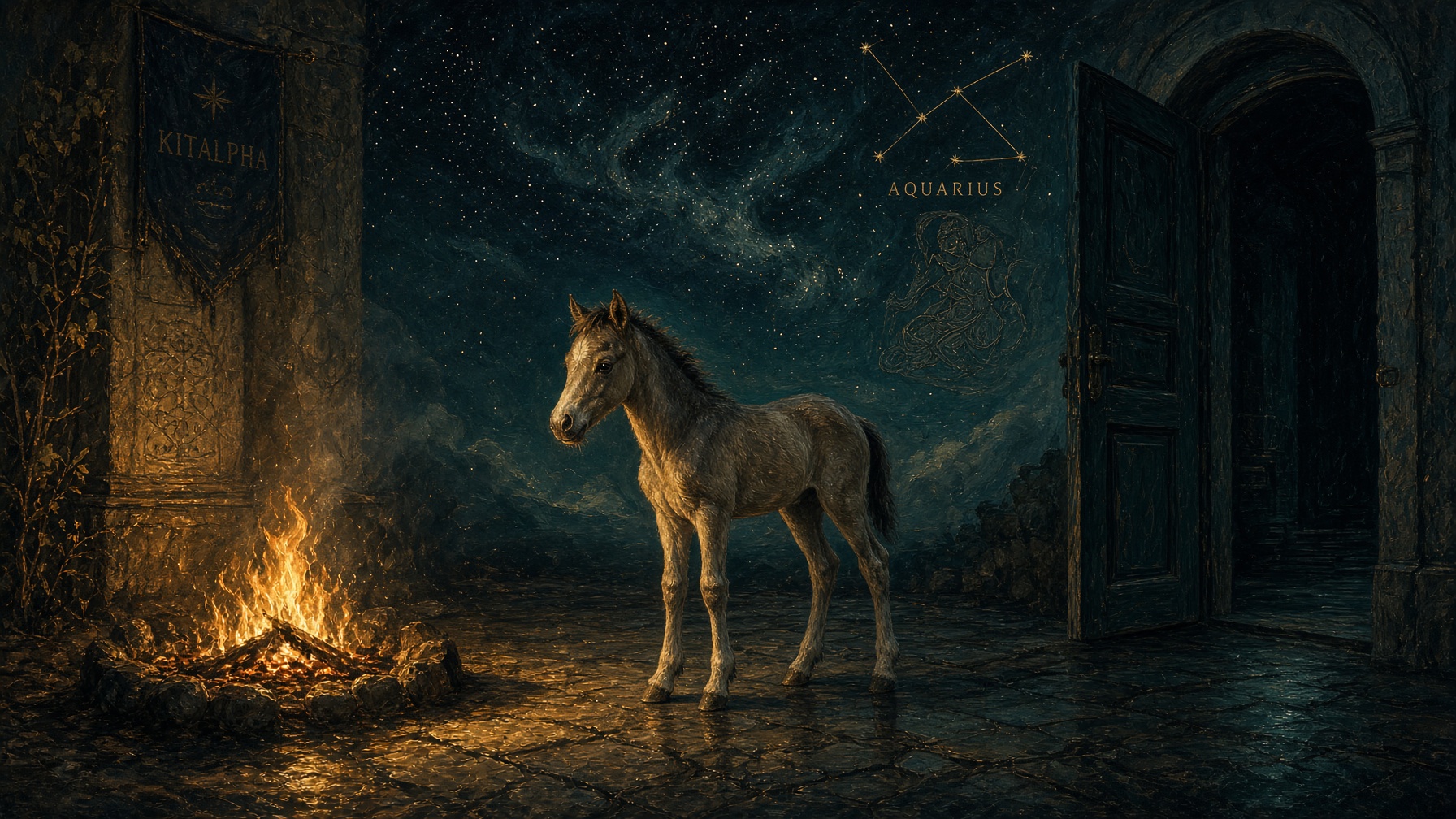 A foal between a banked fire and an open door. Potential still in training.