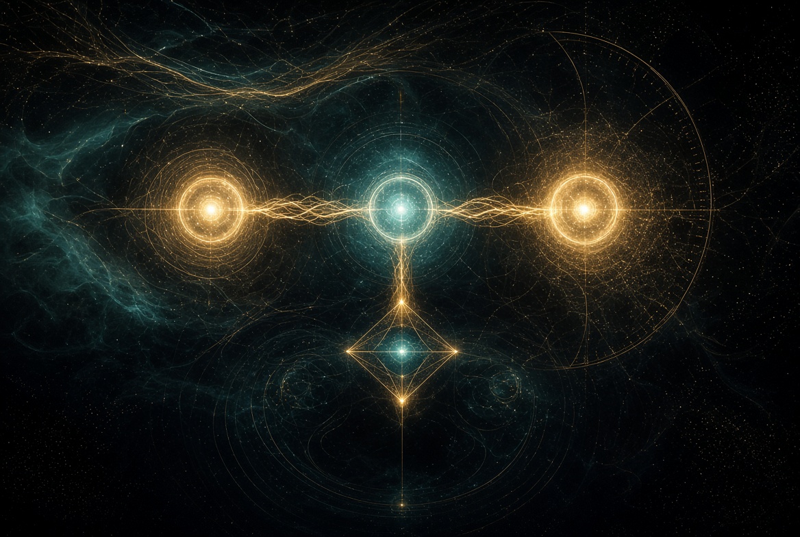 Three light nodes scaled along a golden lattice under stars, branches into attention and spectrum