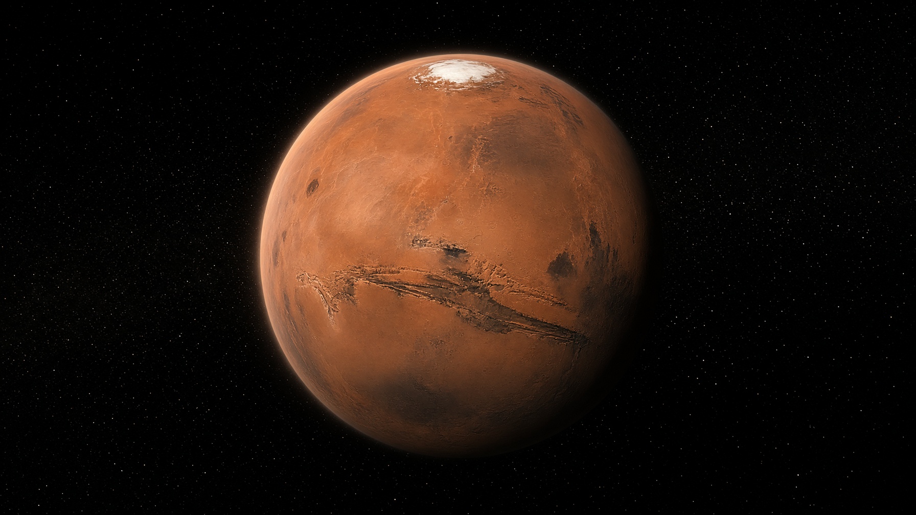 Mars as a real world. Iron rust, polar ice, thin dusty limb.