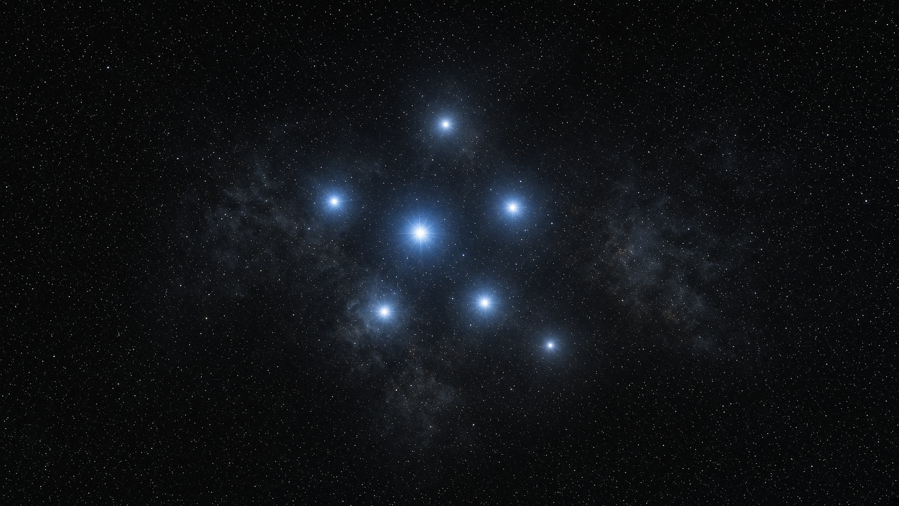 Photoreal Pleiades: a close family of blue-white stars, one slightly fainter, faint nebula like breath