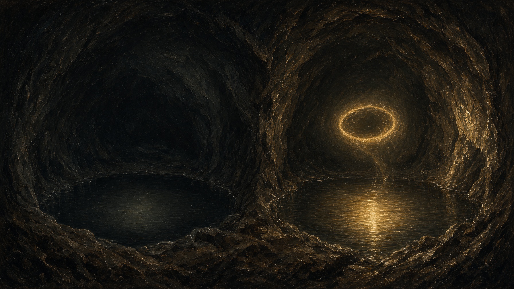 Painterly night cave: two springs, one still, one gold with remembering, a breath of song