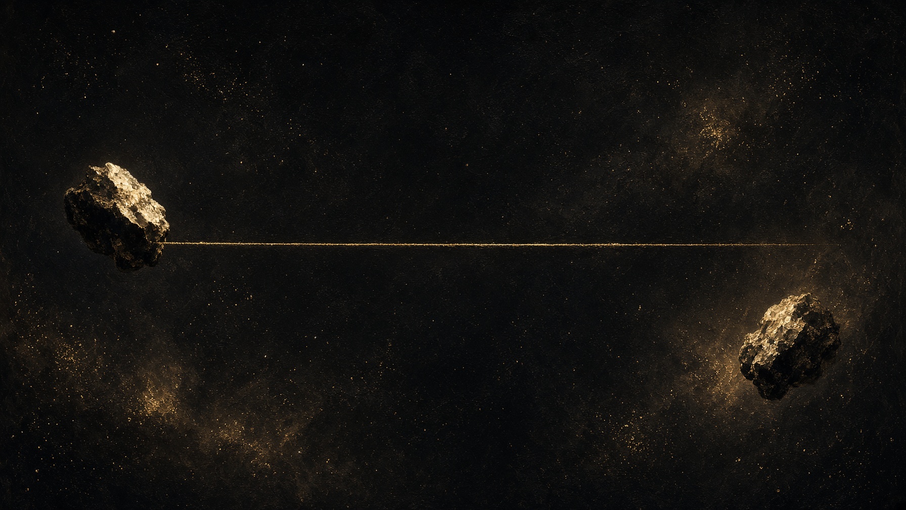 Two small irregular worlds on opposite sides of a night field, a single taut gold thread between them. No faces, no craft, no lockup.