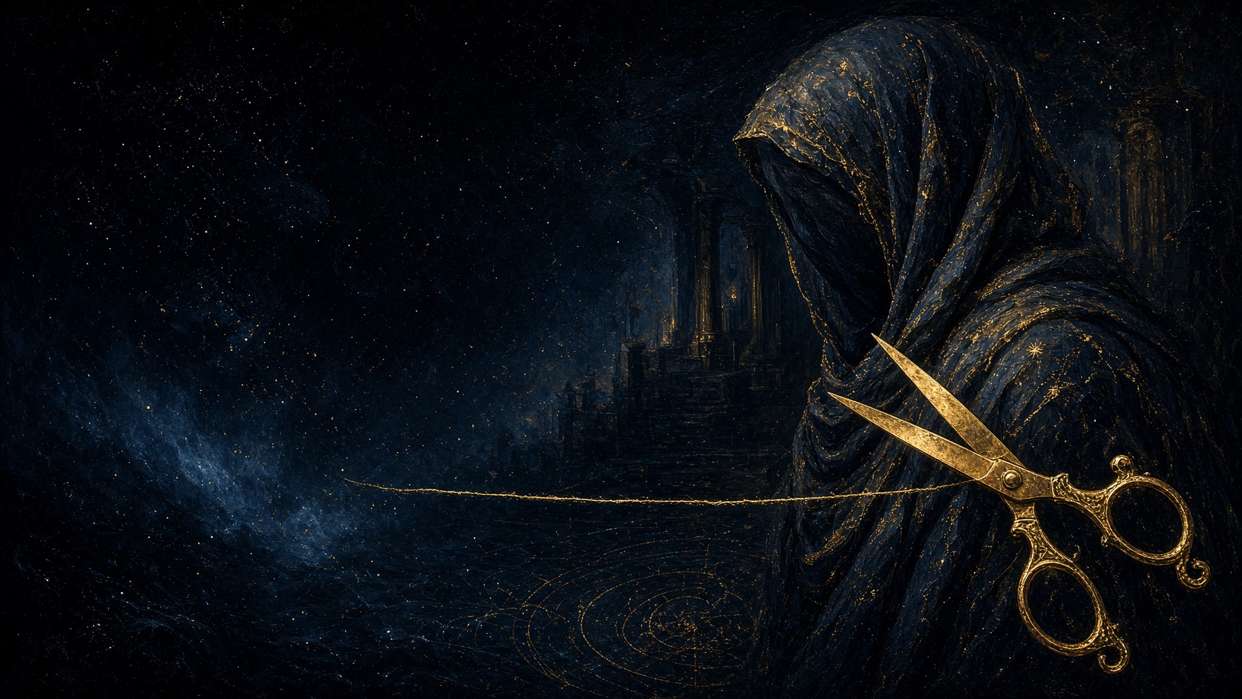 Gold shears held open beside an uncut thread.