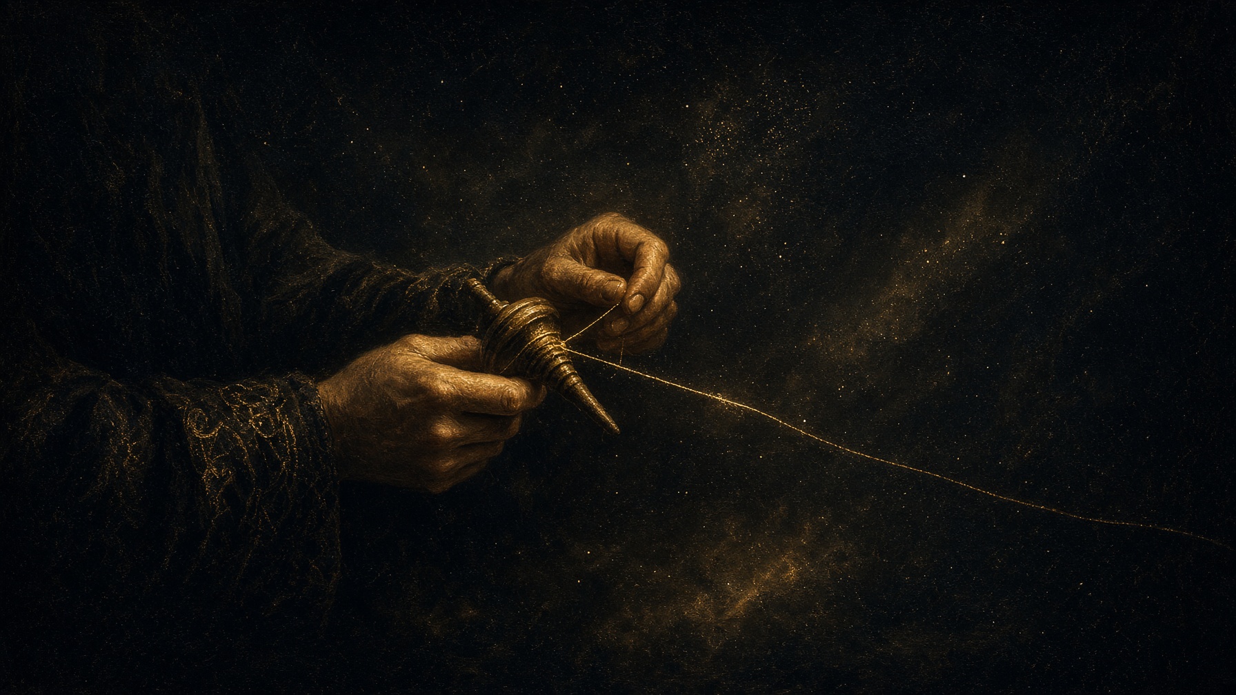A weaver at a spindle in darkness, one gold thread beginning.