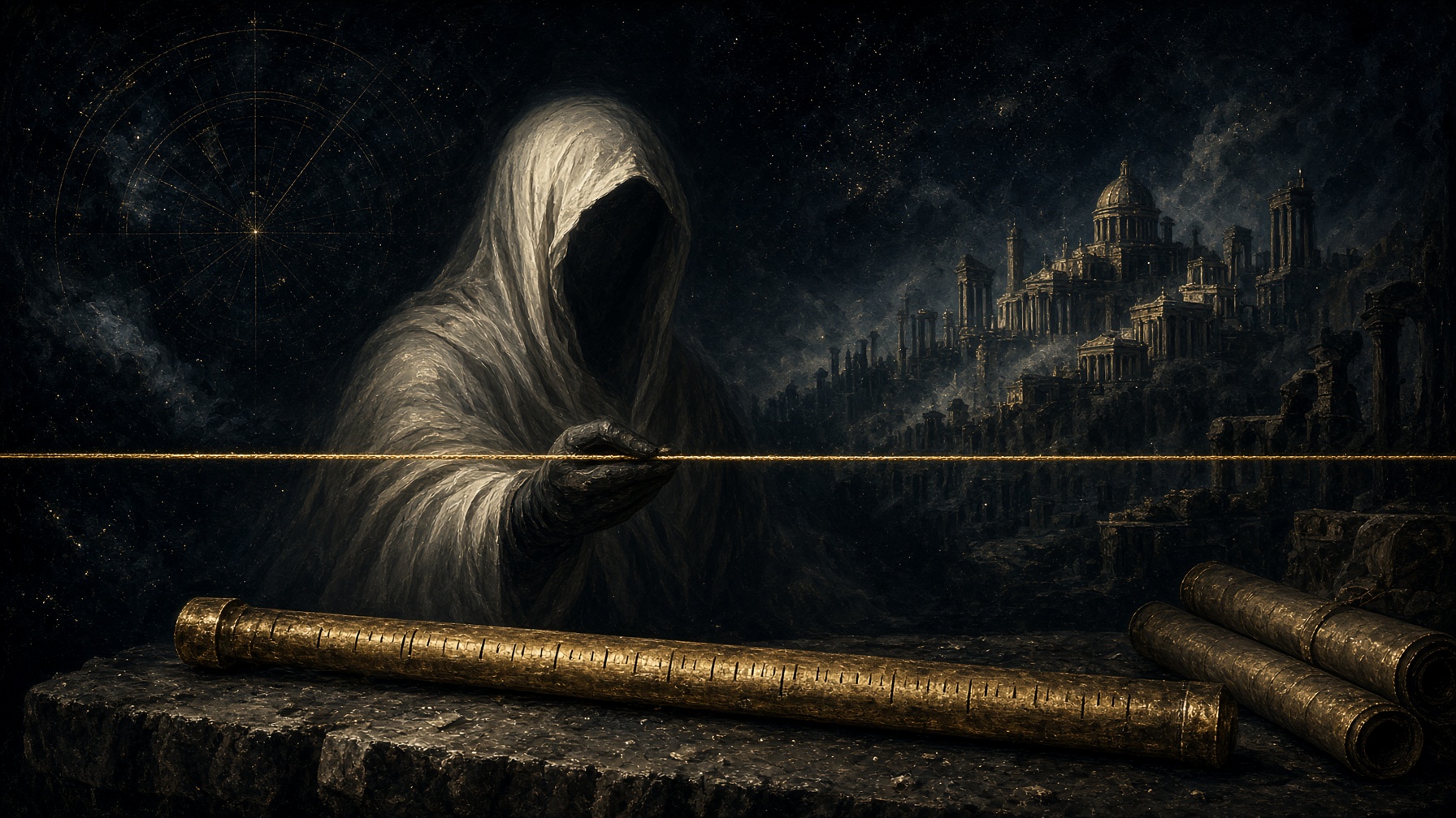 A taut gold thread measured by a bronze rod in night.