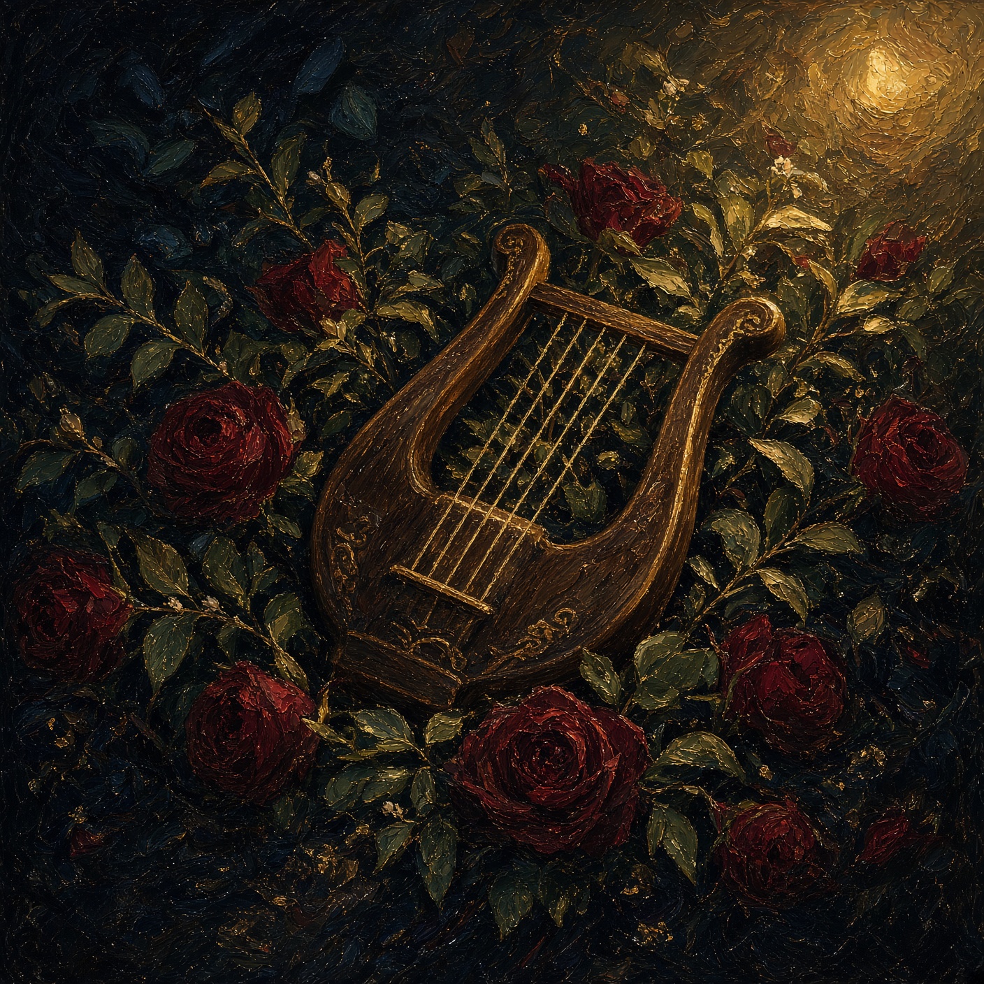 Lyre in myrtle and deep roses on black earth · Erato as atmosphere