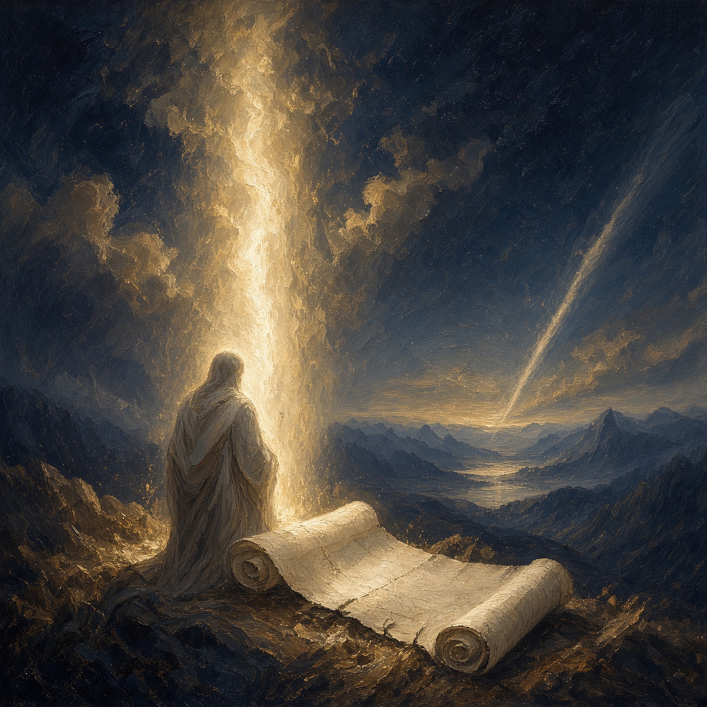 Unrolled parchment and a tall column of light over a far horizon · Kalliope as atmosphere