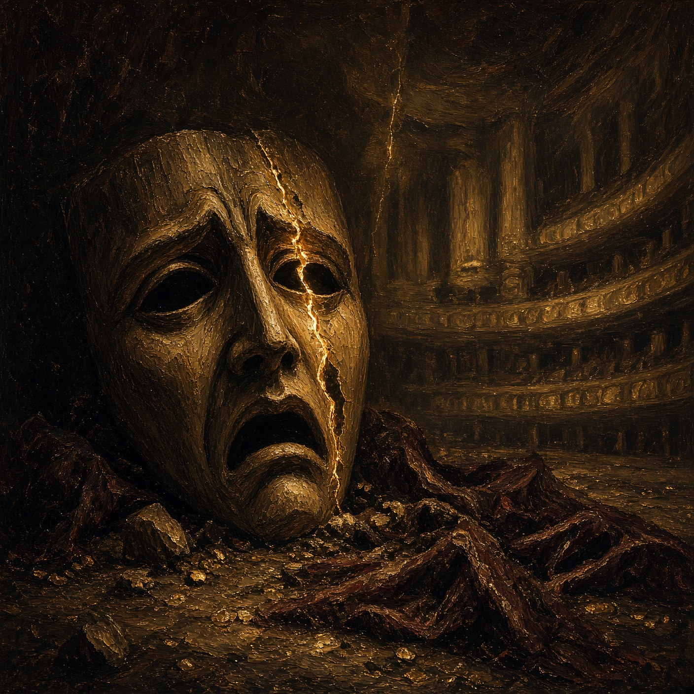 Antique tragic mask in amber dark · Melpomene as atmosphere