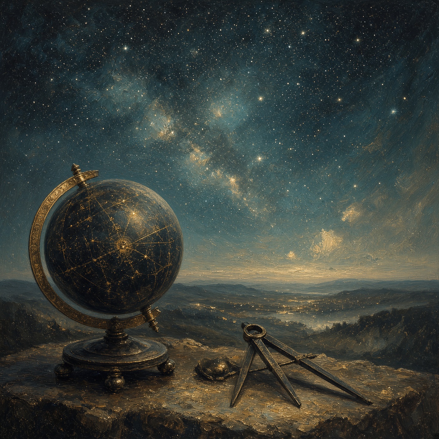 Celestial globe and compasses under a thick night sky · Urania as atmosphere