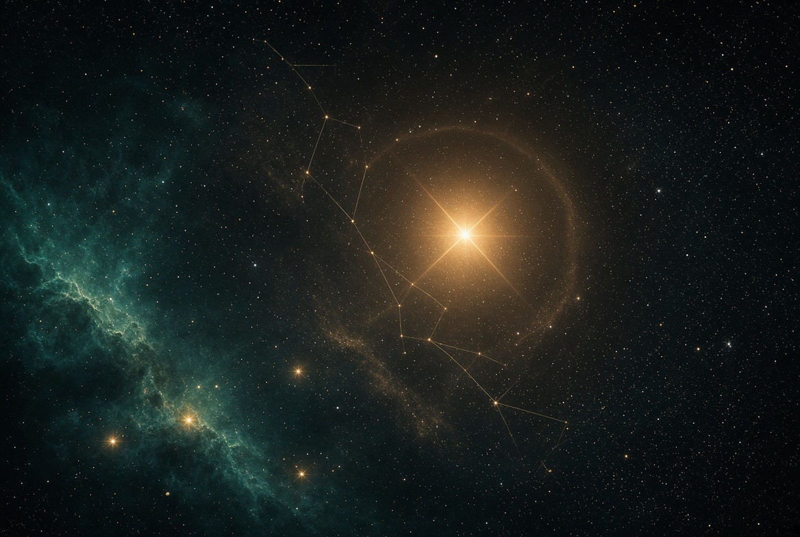 A single gold star leaning forward in a teal night field, faint narrative filaments between constellations