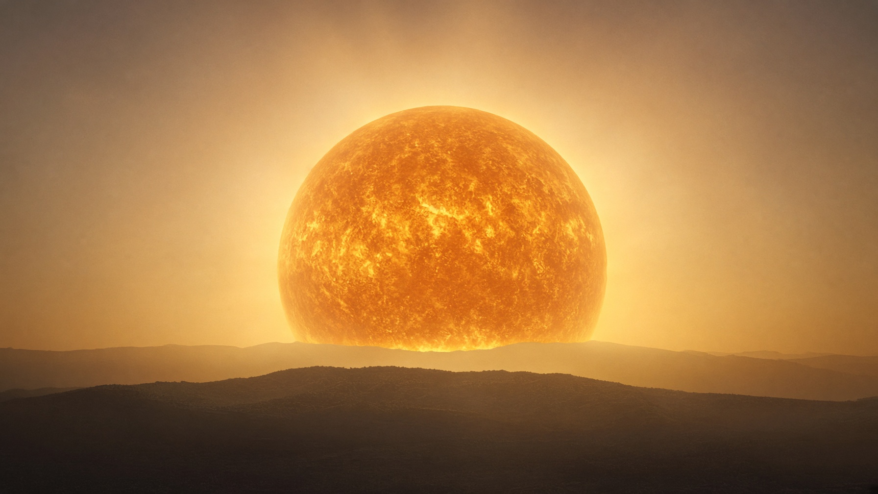 A single immense orange-amber sun as eastern first light over a dark ridge. Mythopoesis, not a sky map.