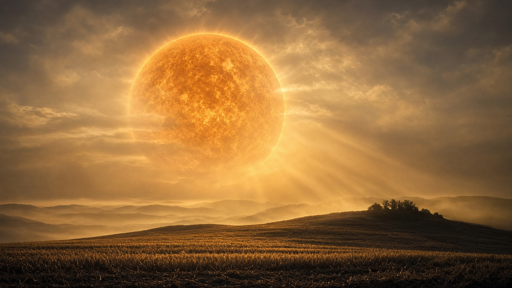 A single immense warm orange giant over a dark harvest hill. Guardian weather. Mythopoesis, not a sky map.