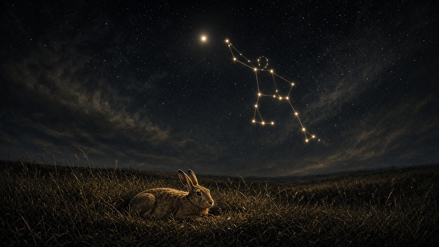 A hare under a hunter of stars. Mythopoesis, not a sky map.