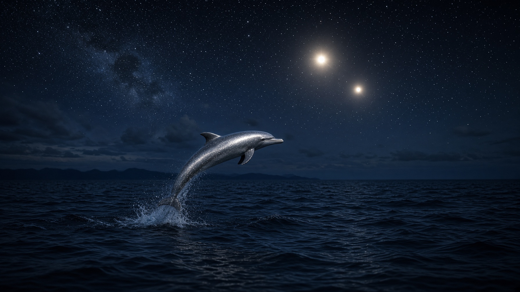 A dolphin of starlight leaping from dark water toward two close lamps. Two names. Not a sky map.
